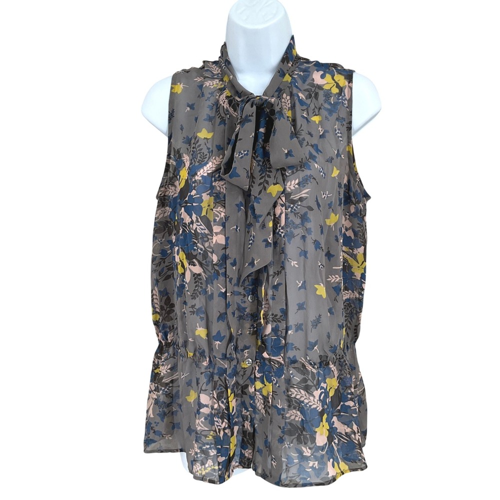 LOFT Blouse Womens Size M Grey Floral Tie Neck Sleeveless Peplum Boho Romantic